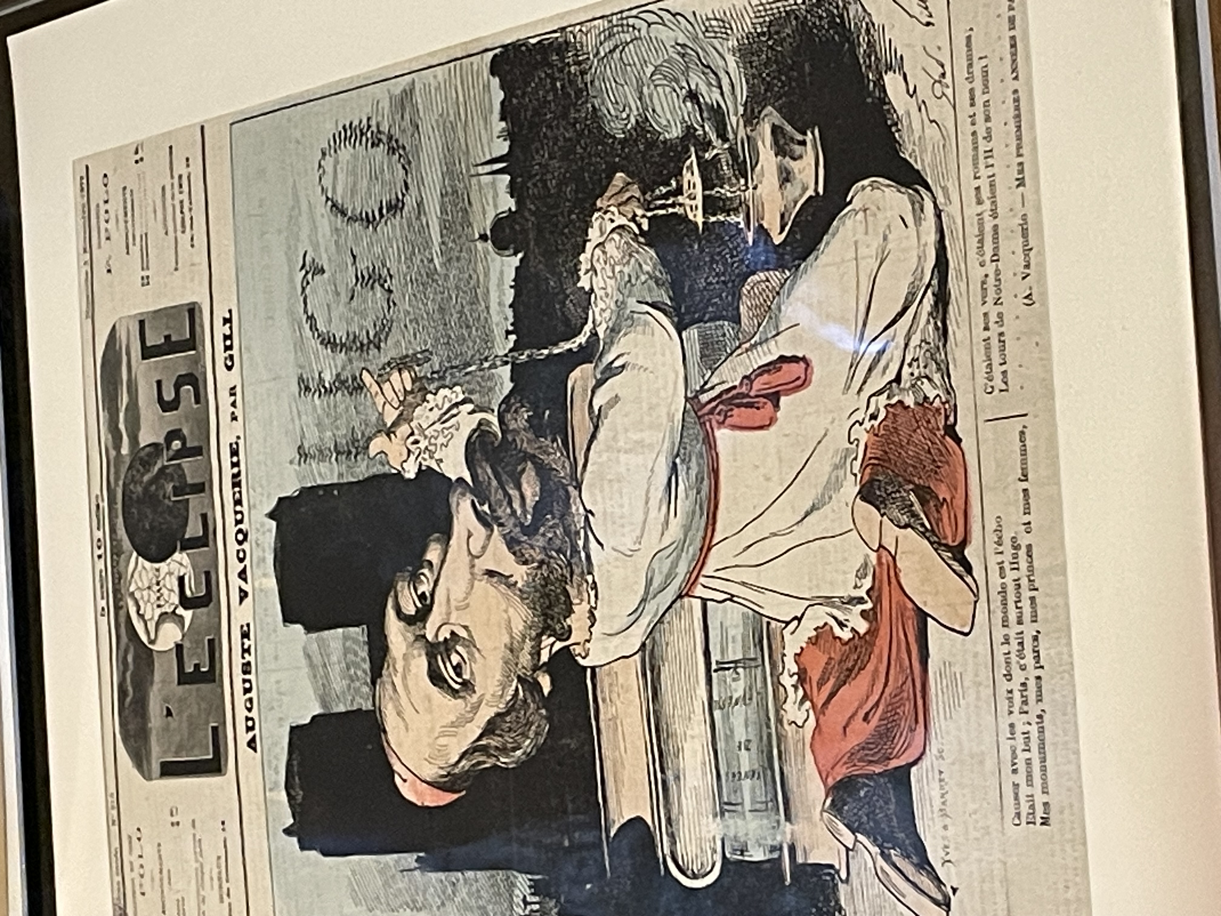 Une cararicature d'Auguste Vacquerie, frère de Charles Vacquerie, époux de Léopoldine Hugo, mais surtout grand admirateur de l'illustre Victor Hugo. D'où ce dessin parmi plus de 400 caricatures collectionnées par le musée.
